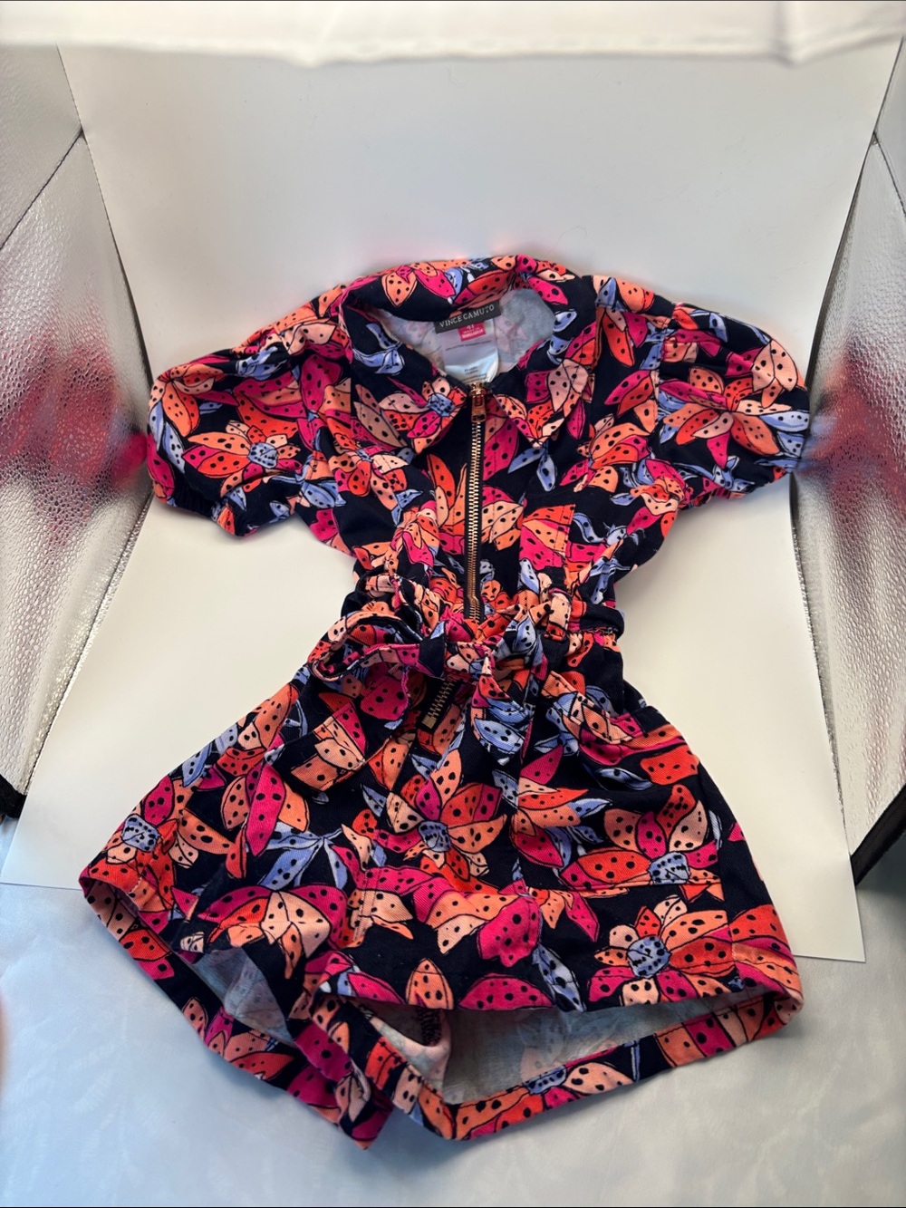 Vince Camuto Navy Romper Dress with Pink and Coral Leaf Print